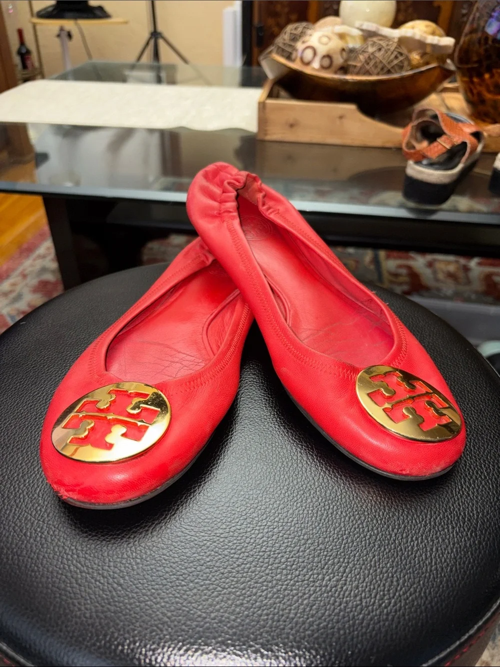 Tory Burch Red Leather Ballet Flats with Gold Logo Medallion
